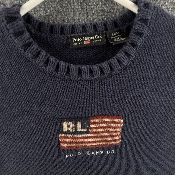 Ralph Lauren Polo Jeans Women Flag Sweater Navy Blue Knit Medium Cotton Crew - Picture 4 of 13